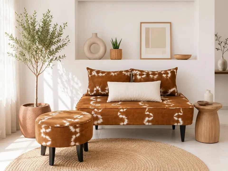 Banquette velours Terracotta + coussins assortis